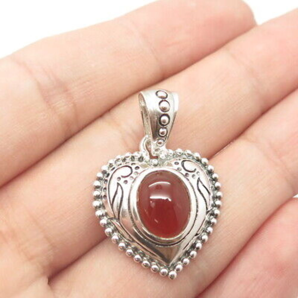 925 Sterling Silver Vintage Real Carnelian Gem Heart Pendant